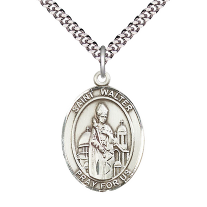 Saint St. Walter of Pontnoise Men's Medal Necklace – Patron Saint St. of Prisoners of War (POWs) – 24 Inch Endless Light Rhodium Plated Heavy Curb Chain, Catholic Medal – Velvet Gift Box