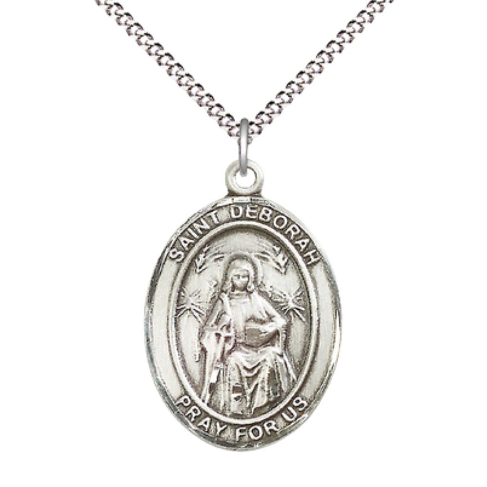 Women's .925 Sterling Silver Saint St. Deborah Medal Pendant on 18 Inch Rhodium Plated Lite Curb Brass Chain with Lobster Claw Clasp, Catholic Religious Necklace - Made in USA- Deluxe Velvet Gift Box