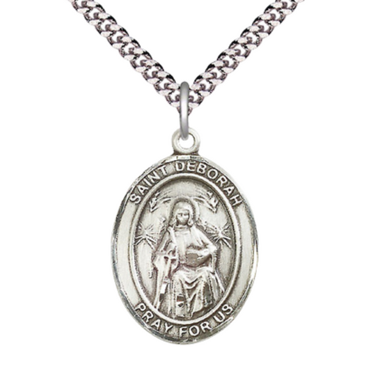 Saint St. Deborah Men's Medal Necklace – 24 Inch Endless Light Rhodium Plated Heavy Curb Chain, Catholic Medal – Velvet Gift Box