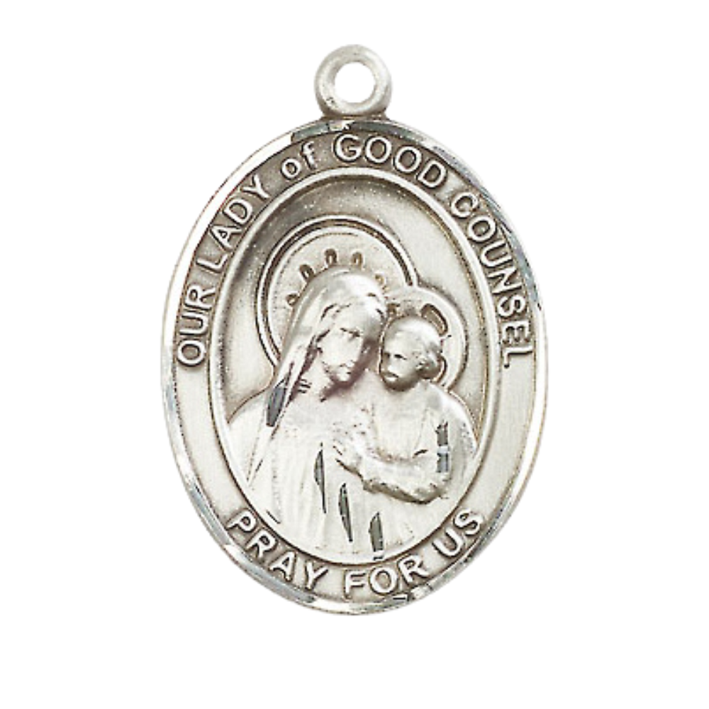 Women's .925 Sterling Silver Our Lady of Good Counsel Medal Pendant on 18 Inch Rhodium Plated Lite Curb Brass Chain w/ Lobster Claw Clasp, Catholic Religious Necklace - Made in USA- Deluxe Velvet Gift Box
