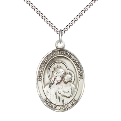 Women's Pewter Our Lady of Good Counsel Medal Pendant on 18 Inch Rhodium Plated Lite Curb Brass Chain with Lobster Claw Clasp, Catholic Religious Necklace - Made in USA- Deluxe Velvet Gift Box