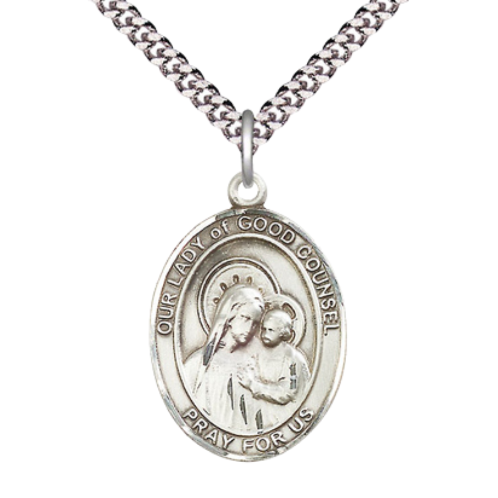 Our Lady of Good Counsel Medal Necklace – Patron Saint of Enlightenment & Germany – 24" Endless Light Rhodium Plated plated Chain – Velvet Gift Box