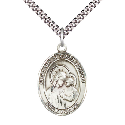Oval Pewter Our Lady of Good Counsel Medal Pendant on 24 inch Rhodium Plated Heavy Curb Brass Chain with Lobster Claw clasp, Catholic Religious Necklace - Made in USA- Deluxe Velvet Gift Box