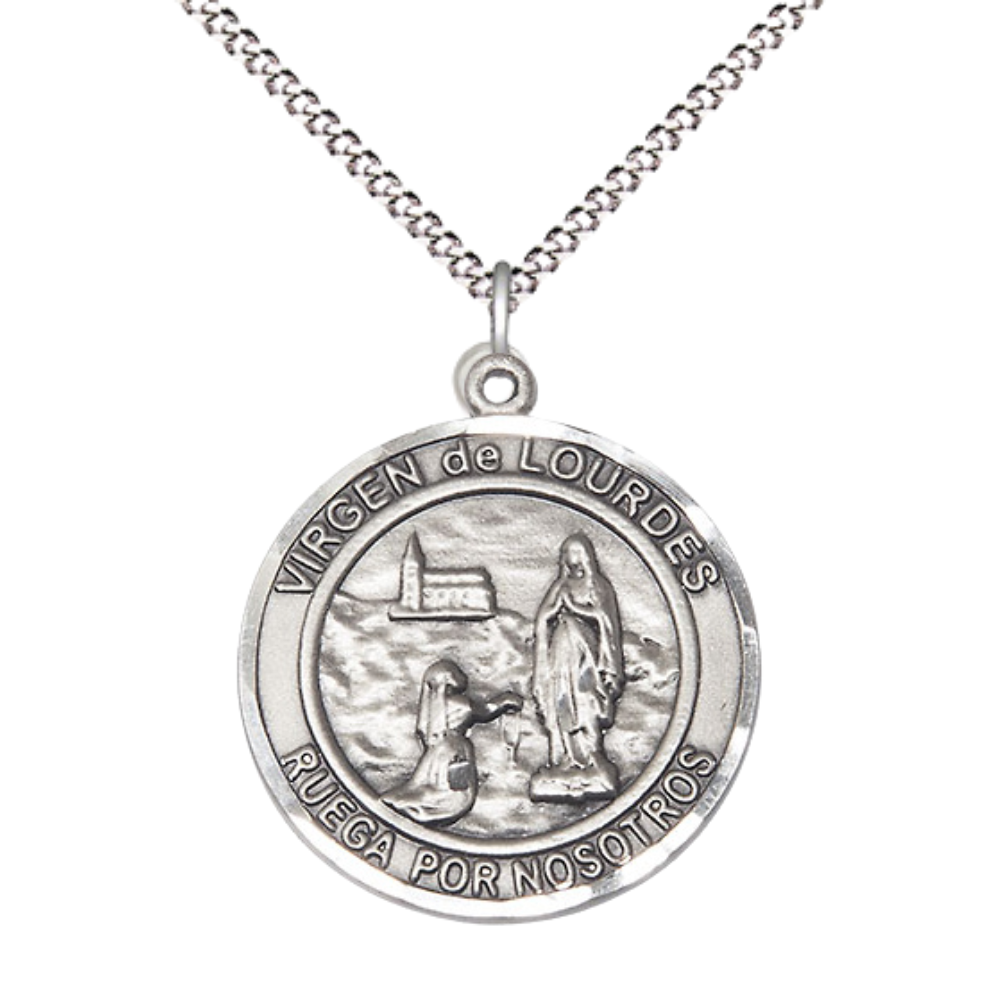 Spanish Script Women's .925 Sterling Silver Virgen de Lourdes Medal Pendant on 18 Inch Rhodium Plated Lite Curb Brass Chain, Catholic Religious Necklace with Lobster Claw Clasp - Made in USA, in Deluxe Velvet Gift Box
