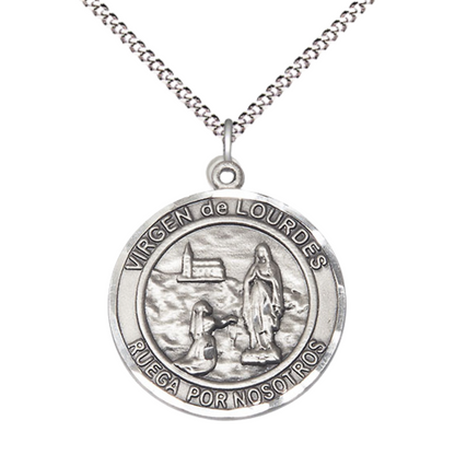 Spanish Script Women's .925 Sterling Silver Virgen de Lourdes Medal Pendant on 18 Inch Rhodium Plated Lite Curb Brass Chain, Catholic Religious Necklace with Lobster Claw Clasp - Made in USA, in Deluxe Velvet Gift Box