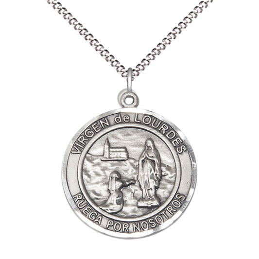 Spanish Script Women's .925 Sterling Silver Virgen de Lourdes Medal Pendant on 18 Inch Rhodium Plated Lite Curb Brass Chain, Catholic Religious Necklace with Lobster Claw Clasp - Made in USA, in Deluxe Velvet Gift Box