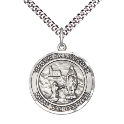 1 x 7/8" Round Pewter Virgen de Lourdes Medal Pendant on 24 Inch Rhodium Plated Heavy Curb Brass Chain with Lobster Claw clasp, Catholic Religious Necklace - Made in USA- Deluxe Velvet Gift Box