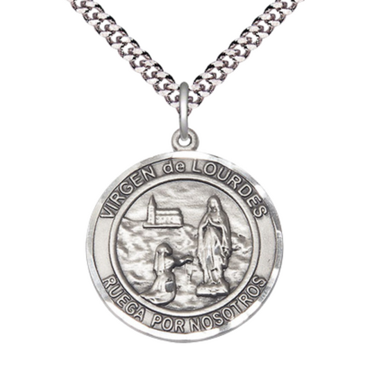1 x 7/8" Round Pewter Virgen de Lourdes Medal Pendant on 24 Inch Rhodium Plated Heavy Curb Brass Chain with Lobster Claw clasp, Catholic Religious Necklace - Made in USA- Deluxe Velvet Gift Box