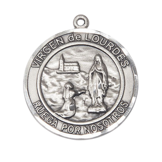 .925 Sterling Silver Virgen de Lourdes Medal Pendant on 24 Inch Rhodium Plated Heavy Curb Brass Chain with Lobster Claw clasp, Catholic Religious Necklace - Made in USA- Deluxe Velvet Gift Box
