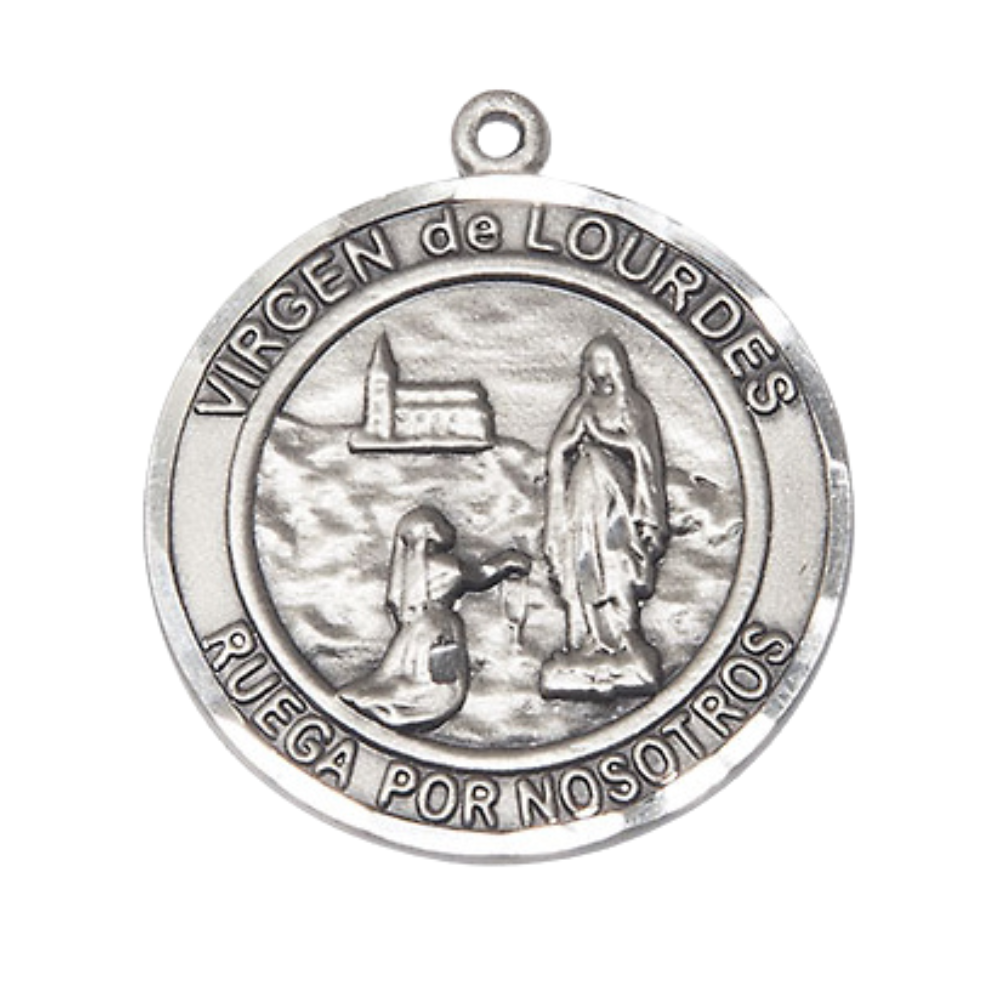 1 x 7/8" Round Pewter Virgen de Lourdes Medal Pendant on 24 Inch Rhodium Plated Heavy Curb Brass Chain with Lobster Claw clasp, Catholic Religious Necklace - Made in USA- Deluxe Velvet Gift Box