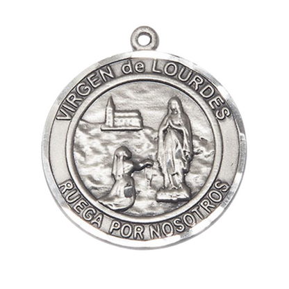 1 x 7/8" Round Pewter Virgen de Lourdes Medal Pendant on 24 Inch Rhodium Plated Heavy Curb Brass Chain with Lobster Claw clasp, Catholic Religious Necklace - Made in USA- Deluxe Velvet Gift Box