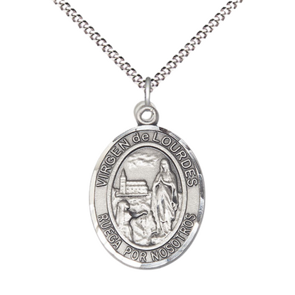Spanish Script Women's .925 Sterling Silver Virgen de Lourdes Medal Pendant on 18 Inch Rhodium Plated Lite Curb Brass Chain, Catholic Religious Necklace with Lobster Claw Clasp - Made in USA, Deluxe Velvet Gift Box
