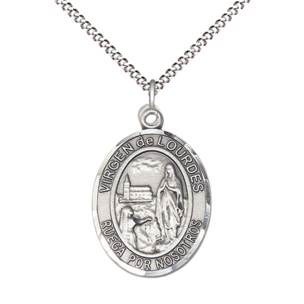 Spanish Script Women's Pewter Virgen de Lourdes Medal Pendant on 18 Inch Rhodium Plated Lite Curb Brass Chain, Catholic Religious Necklace with Lobster Claw Clasp - Made in USA, Deluxe Velvet Gift Box