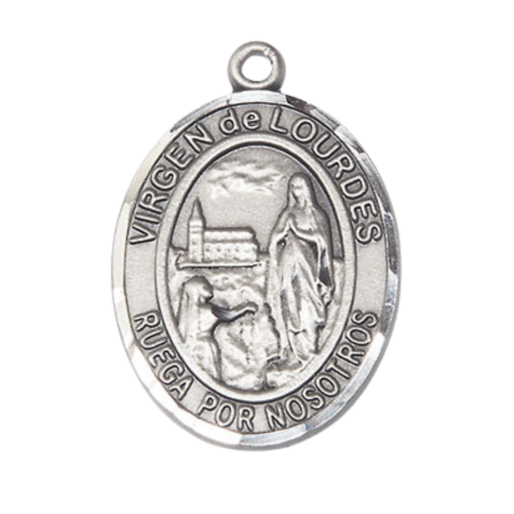 Spanish Script Women's .925 Sterling Silver Virgen de Lourdes Medal Pendant on 18 Inch Rhodium Plated Lite Curb Brass Chain, Catholic Religious Necklace with Lobster Claw Clasp - Made in USA, Deluxe Velvet Gift Box