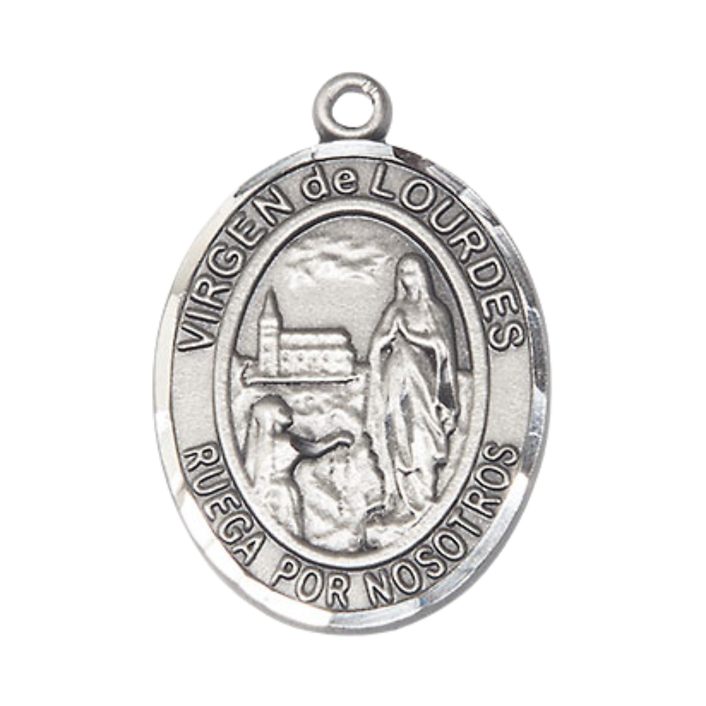 Everlasting Light Jewelry Spanish Script Men's Pewter Virgen de Lourdes Medal Pendant on 24 Inch Endless Rhodium Plated Heavy Curb Chain,Catholic Religious Necklace -Made in USA, Deluxe Velvet Gift Box