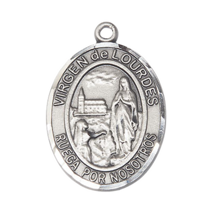 .925 Sterling Silver Virgen de Lourdes Medal Pendant on 24" Rhodium Plated Heavy Curb Brass Chain with Lobster Claw clasp, Catholic Religious Necklace -Made in USA- Deluxe Velvet Gift Box