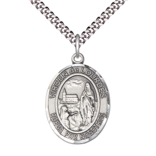 Everlasting Light Jewelry Spanish Script Men's Pewter Virgen de Lourdes Medal Pendant on 24 Inch Endless Rhodium Plated Heavy Curb Chain,Catholic Religious Necklace -Made in USA, Deluxe Velvet Gift Box