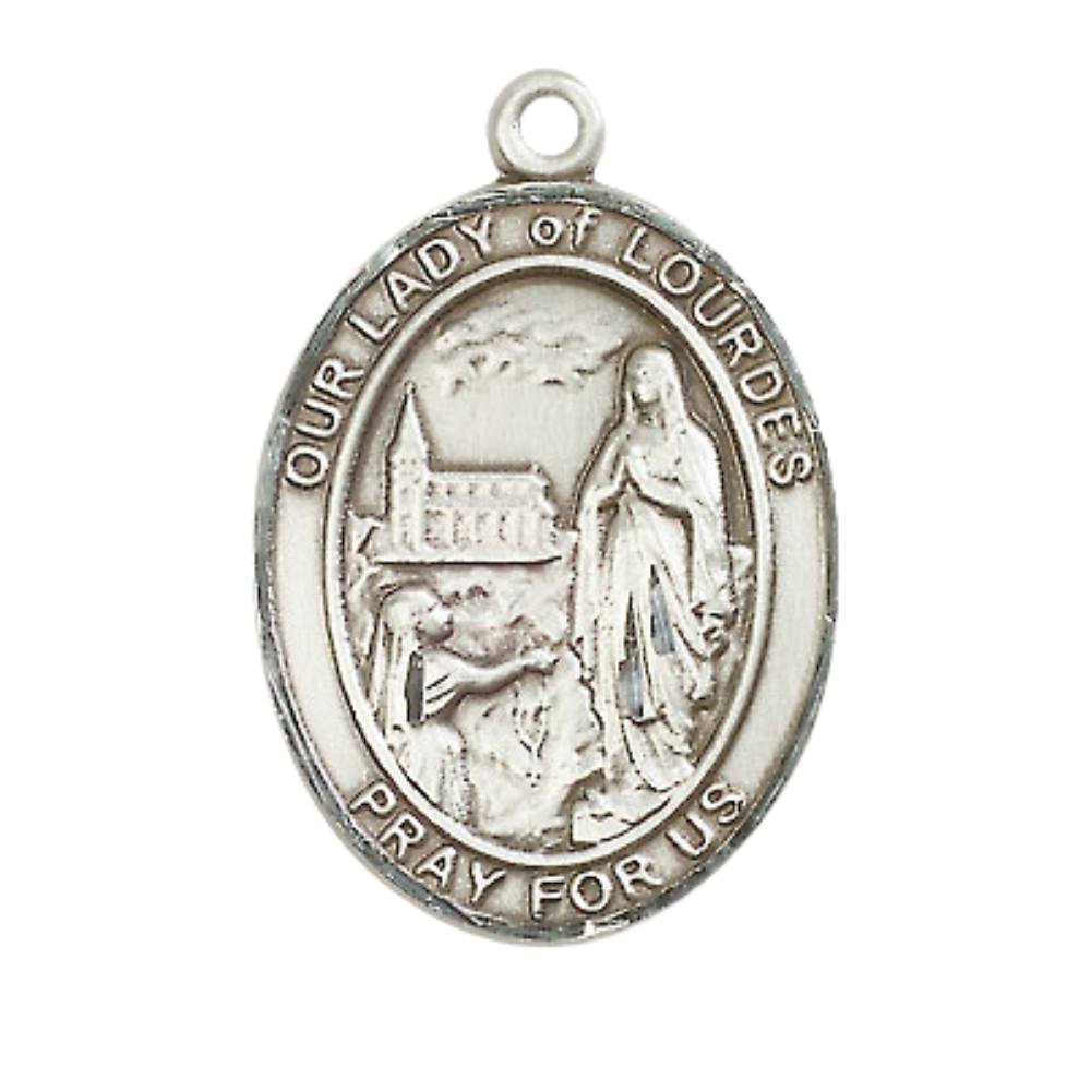 Women's Pewter Our Lady of Lourdes Medal Pendant on 18 Inch Rhodium Plated Lite Curb Brass Chain with Lobster Claw Clasp, Catholic Religious Necklace - Made in USA- Velvet Gift Box