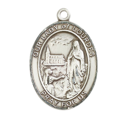 Women's Pewter Our Lady of Lourdes Medal Pendant on 18 Inch Rhodium Plated Lite Curb Brass Chain with Lobster Claw Clasp, Catholic Religious Necklace - Made in USA- Velvet Gift Box