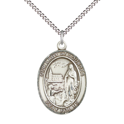 Women's .925 Sterling Silver Our Lady of Lourdes Medal Pendant on 18 Inch Rhodium Plated Lite Curb Brass Chain w/ Lobster Claw Clasp, Catholic Religious Necklace - Made in USA- Deluxe Velvet Gift Box
