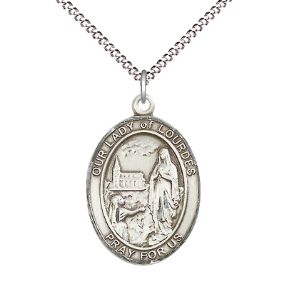 Women's Pewter Our Lady of Lourdes Medal Pendant on 18 Inch Rhodium Plated Lite Curb Brass Chain with Lobster Claw Clasp, Catholic Religious Necklace - Made in USA- Velvet Gift Box