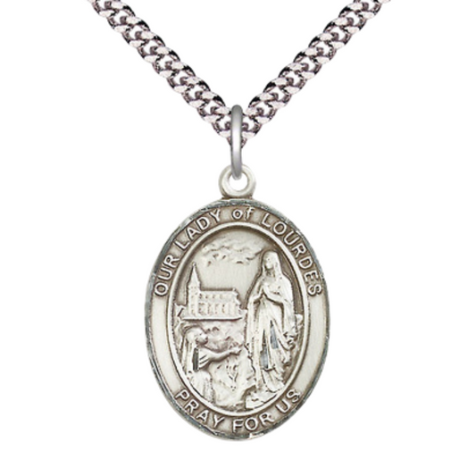 Our Lady of Lourdes Medal Necklace – Men's .925 Sterling Silver Pendant on 24 Inch Light Rhodium Plated Heavy Curb Chain – Catholic Religious Jewelry – Velvet Gift Box Included