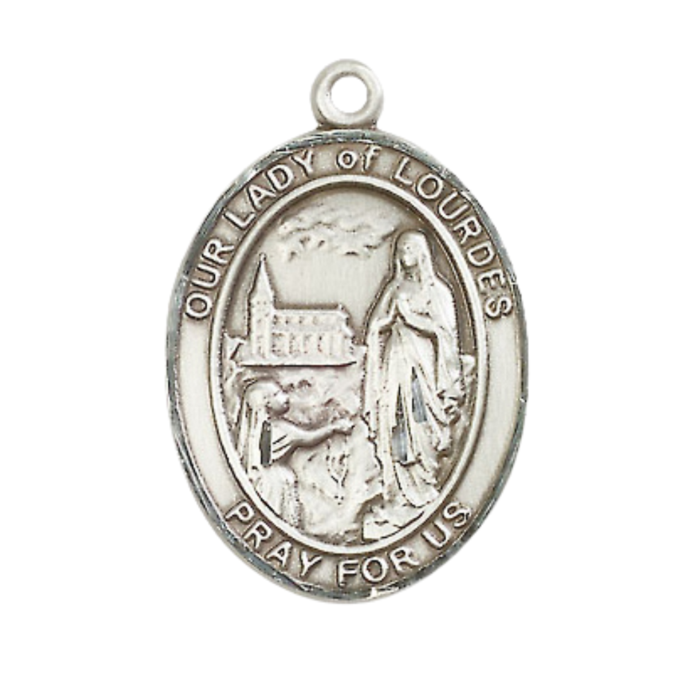 Our Lady of Lourdes Medal Necklace – Men's Pewter Pendant on 24 Inch Light Rhodium Plated plated Chain – Catholic Religious Jewelry – Velvet Gift Box Included