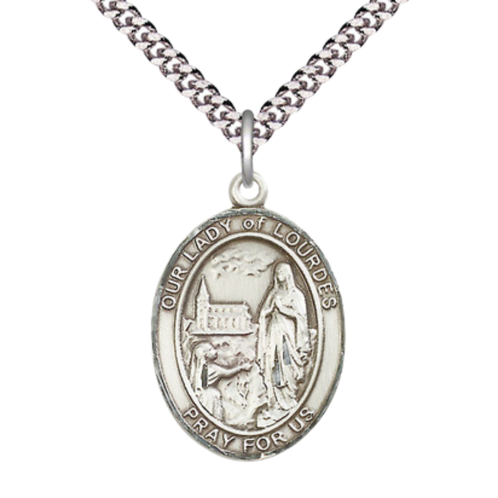 Our Lady of Lourdes Medal Necklace – Men's Pewter Pendant on 24 Inch Light Rhodium Plated plated Chain – Catholic Religious Jewelry – Velvet Gift Box Included