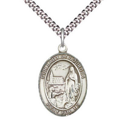 Our Lady of Lourdes Medal Necklace – Men's Pewter Pendant on 24 Inch Light Rhodium Plated plated Chain – Catholic Religious Jewelry – Velvet Gift Box Included