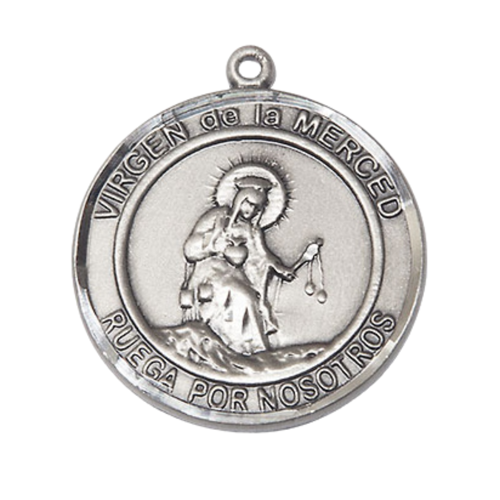 Spanish Script Women's Pewter Virgen de la Divina Medal Pendant on 18 Inch Rhodium Plated Lite Curb Brass Chain, Catholic Religious Necklace with Lobster Claw Clasp - Made in USA, Deluxe Velvet Gift Box