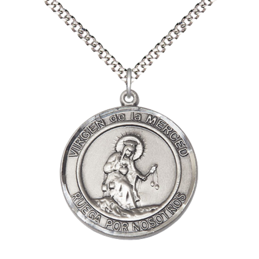 Spanish Script Women's .925 Sterling Silver Virgen de la Divina Medal Pendant on 18 Inch Rhodium Plated Lite Curb Brass Chain, Catholic Religious Necklace with Lobster Claw Clasp - Made in USA - with Velvet Gift Box