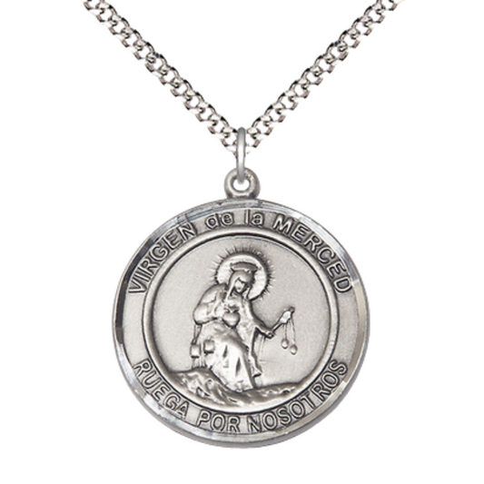 Spanish Script Women's .925 Sterling Silver Virgen de la Divina Medal Pendant on 18 Inch Rhodium Plated Lite Curb Brass Chain, Catholic Religious Necklace with Lobster Claw Clasp - Made in USA - with Velvet Gift Box