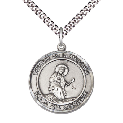 Everlasting Light Jewelry Spanish Script Men's Pewter Virgen de la Divina Medal Pendant on 24 Inch Endless Rhodium Plated Heavy Curb Chain,Catholic Religious Necklace -Made in USA, Deluxe Velvet Gift Box