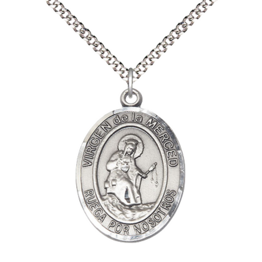 Spanish Script Women's .925 Sterling Silver Virgen de la Merced Medal Pendant on 18 Inch Rhodium Plated Lite Curb Brass Chain, Catholic Religious Necklace with Lobster Claw Clasp - Made in USA, Deluxe Velvet Gift Box
