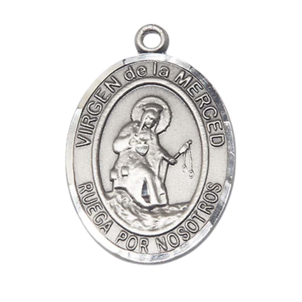 Everlasting Light Jewelry Spanish Script Men's Pewter Virgen de la Merced Medal Pendant on 24 Inch Endless Rhodium Plated Heavy Curb Chain,Catholic Religious Necklace -Made in USA - Deluxe Velvet Gift Box
