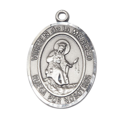 1 x 3/4" Oval Pewter Virgen de la Merced Medal Pendant on 24 Inch Rhodium Plated Heavy Curb Brass Chain with Lobster Claw clasp, Catholic Religious Necklace - Made in USA - Deluxe Velvet Gift Box