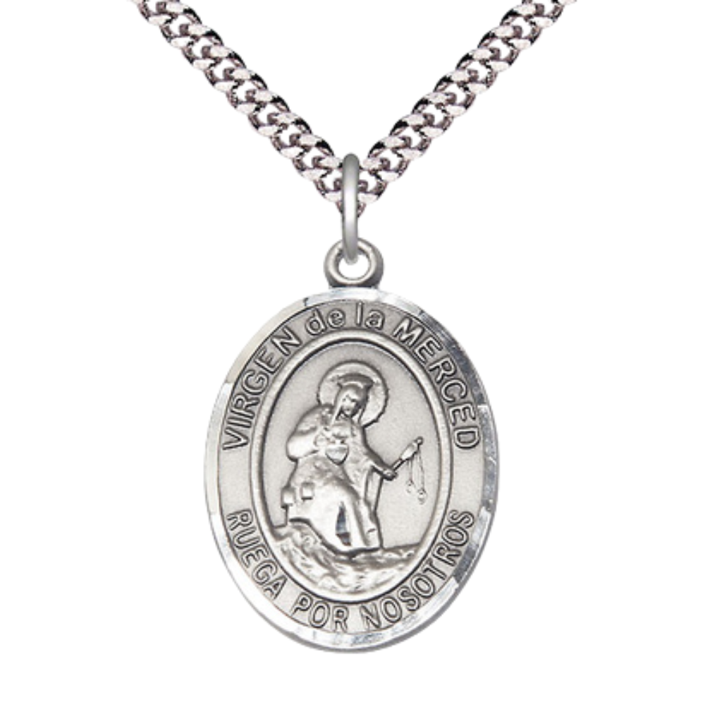 .925 Sterling Silver Virgen de la Merced Medal Pendant on 24 Inch Rhodium Plated Heavy Curb Brass Chain with Lobster Claw clasp, Catholic Religious Necklace - Made in USA- Deluxe Velvet Gift Box