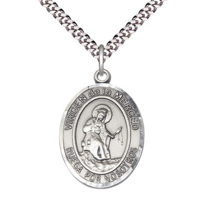 .925 Sterling Silver Virgen de la Merced Medal Pendant on 24 Inch Rhodium Plated Heavy Curb Brass Chain with Lobster Claw clasp, Catholic Religious Necklace - Made in USA- Deluxe Velvet Gift Box