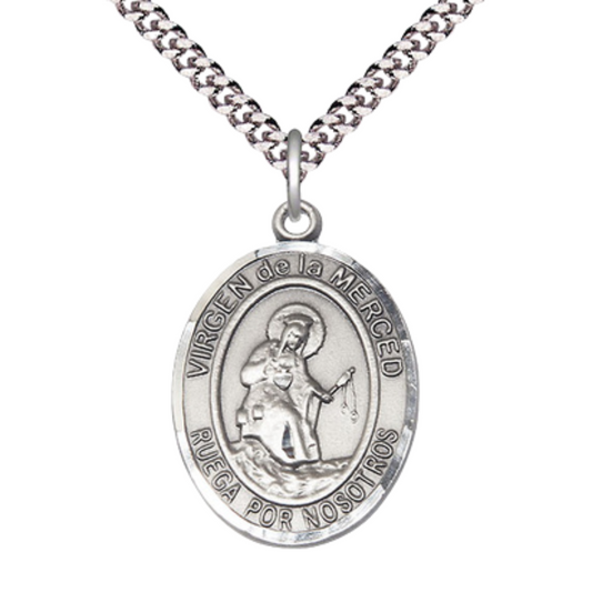 .925 Sterling Silver Virgen de la Merced Medal Pendant on 24 Inch Rhodium Plated Heavy Curb Brass Chain with Lobster Claw clasp, Catholic Religious Necklace - Made in USA- Deluxe Velvet Gift Box
