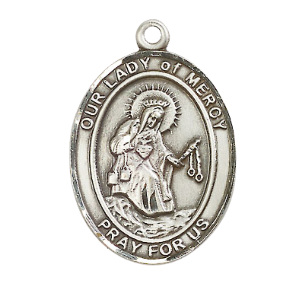 Women's Pewter Our Lady of Mercy Medal Pendant on 18 Inch Rhodium Plated Lite Curb Brass Chain with Lobster Claw Clasp, Catholic Religious Necklace - Made in USA- Deluxe Velvet Gift Box