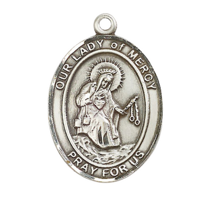 Women's Pewter Our Lady of Mercy Medal Pendant on 18 Inch Rhodium Plated Lite Curb Brass Chain with Lobster Claw Clasp, Catholic Religious Necklace - Made in USA- Deluxe Velvet Gift Box