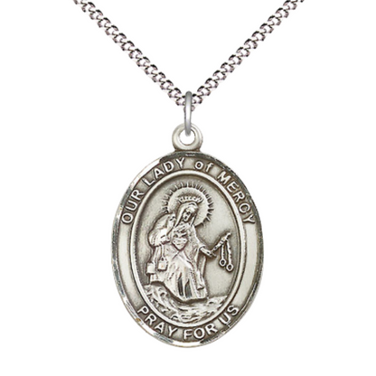 Women's Pewter Our Lady of Mercy Medal Pendant on 18 Inch Rhodium Plated Lite Curb Brass Chain with Lobster Claw Clasp, Catholic Religious Necklace - Made in USA- Deluxe Velvet Gift Box