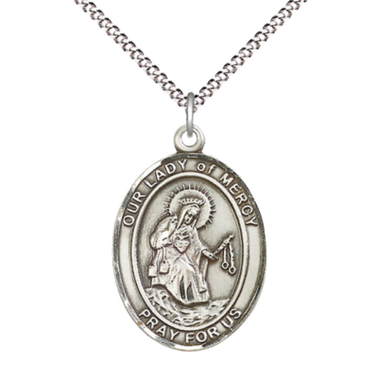 Women's Pewter Our Lady of Mercy Medal Pendant on 18 Inch Rhodium Plated Lite Curb Brass Chain with Lobster Claw Clasp, Catholic Religious Necklace - Made in USA- Deluxe Velvet Gift Box