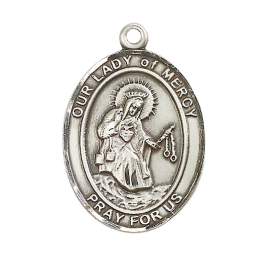 .925 Sterling Silver Our Lady of Mercy Medal Pendant on 24 Inch Rhodium Plated Heavy Curb Brass Chain with Lobster Claw clasp, Catholic Religious Necklace - Made in USA- Deluxe Velvet Gift Box