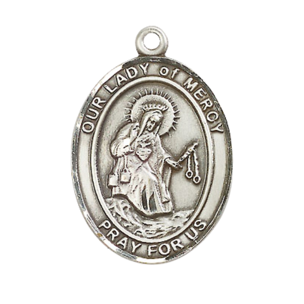 1 x 3/4" Oval Pewter Our Lady of Mercy Medal Pendant on 24 Inch Rhodium Plated Heavy Curb Brass Chain with Lobster Claw clasp, Catholic Religious Necklace - Made in USA- Deluxe Velvet Gift Box