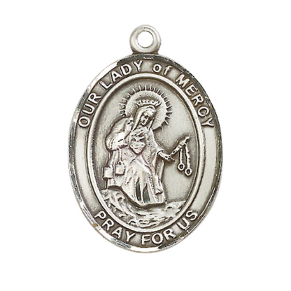 1 x 3/4" Oval Pewter Our Lady of Mercy Medal Pendant on 24 Inch Rhodium Plated Heavy Curb Brass Chain with Lobster Claw clasp, Catholic Religious Necklace - Made in USA- Deluxe Velvet Gift Box