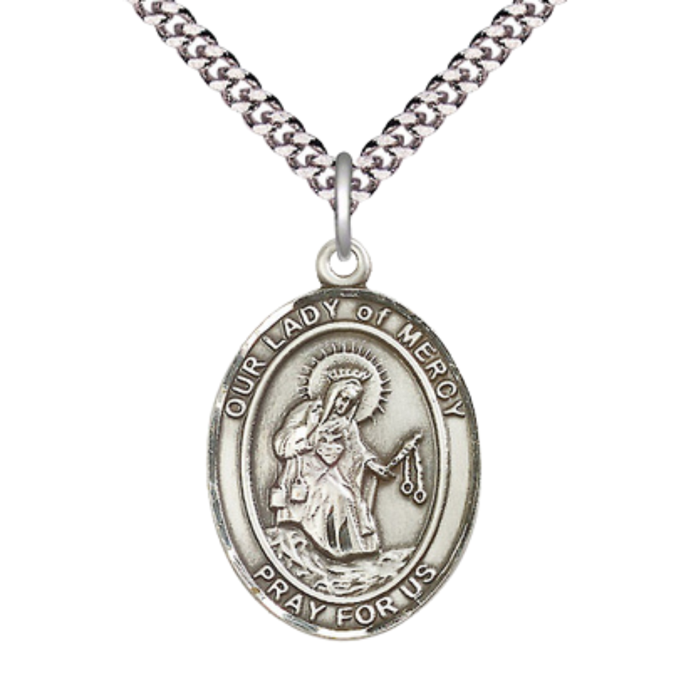 1 x 3/4" Oval Pewter Our Lady of Mercy Medal Pendant on 24 Inch Rhodium Plated Heavy Curb Brass Chain with Lobster Claw clasp, Catholic Religious Necklace - Made in USA- Deluxe Velvet Gift Box