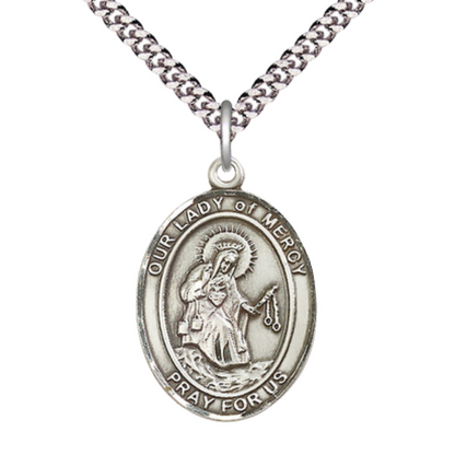 1 x 3/4" Oval Pewter Our Lady of Mercy Medal Pendant on 24 Inch Rhodium Plated Heavy Curb Brass Chain with Lobster Claw clasp, Catholic Religious Necklace - Made in USA- Deluxe Velvet Gift Box