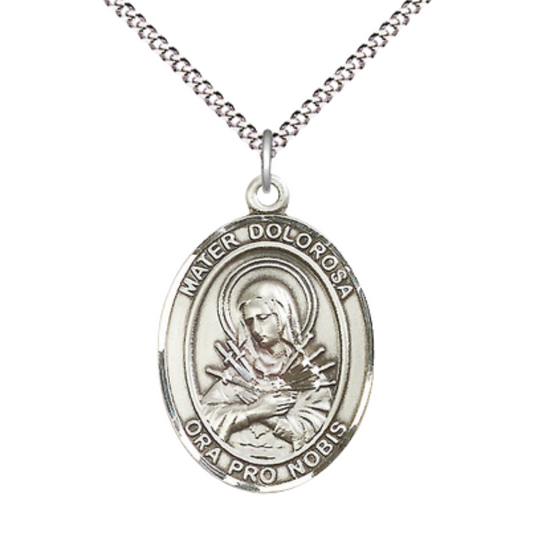 Women's Pewter Mater Dolorosa Medal Pendant on 18 Inch Rhodium Plated Lite Curb Brass Chain with Lobster Claw Clasp, Catholic Religious Necklace - Made in USA- Deluxe Velvet Gift Box