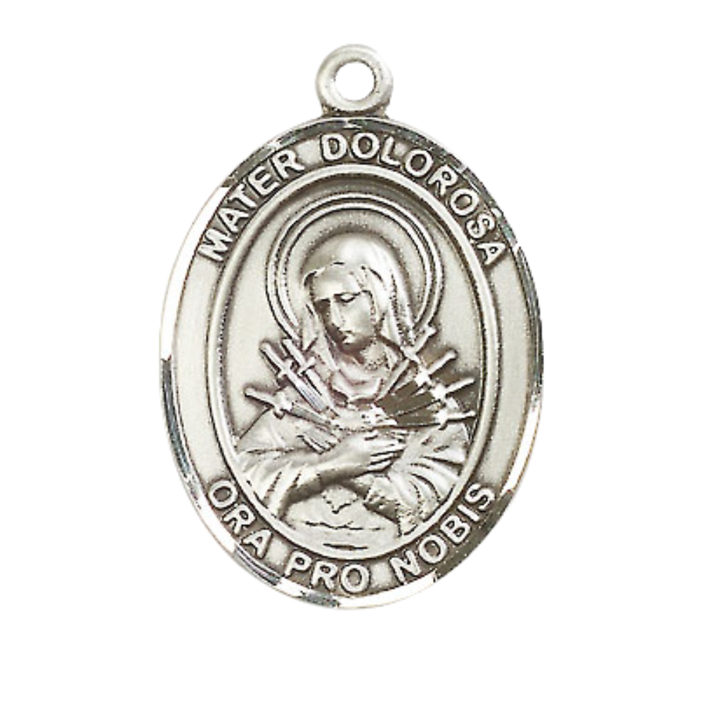 Women's .925 Sterling Silver Mater Dolorosa Medal Pendant on 18 Inch Rhodium Plated Lite Curb Brass Chain with Lobster Claw Clasp, Catholic Religious Necklace - Made in USA- Deluxe Velvet Gift Box